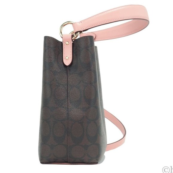 NWT Coach Small Brown Signature Canvas Shell Pink Town Bucket Crossbody Bag NEW - Picture 6 of 9
